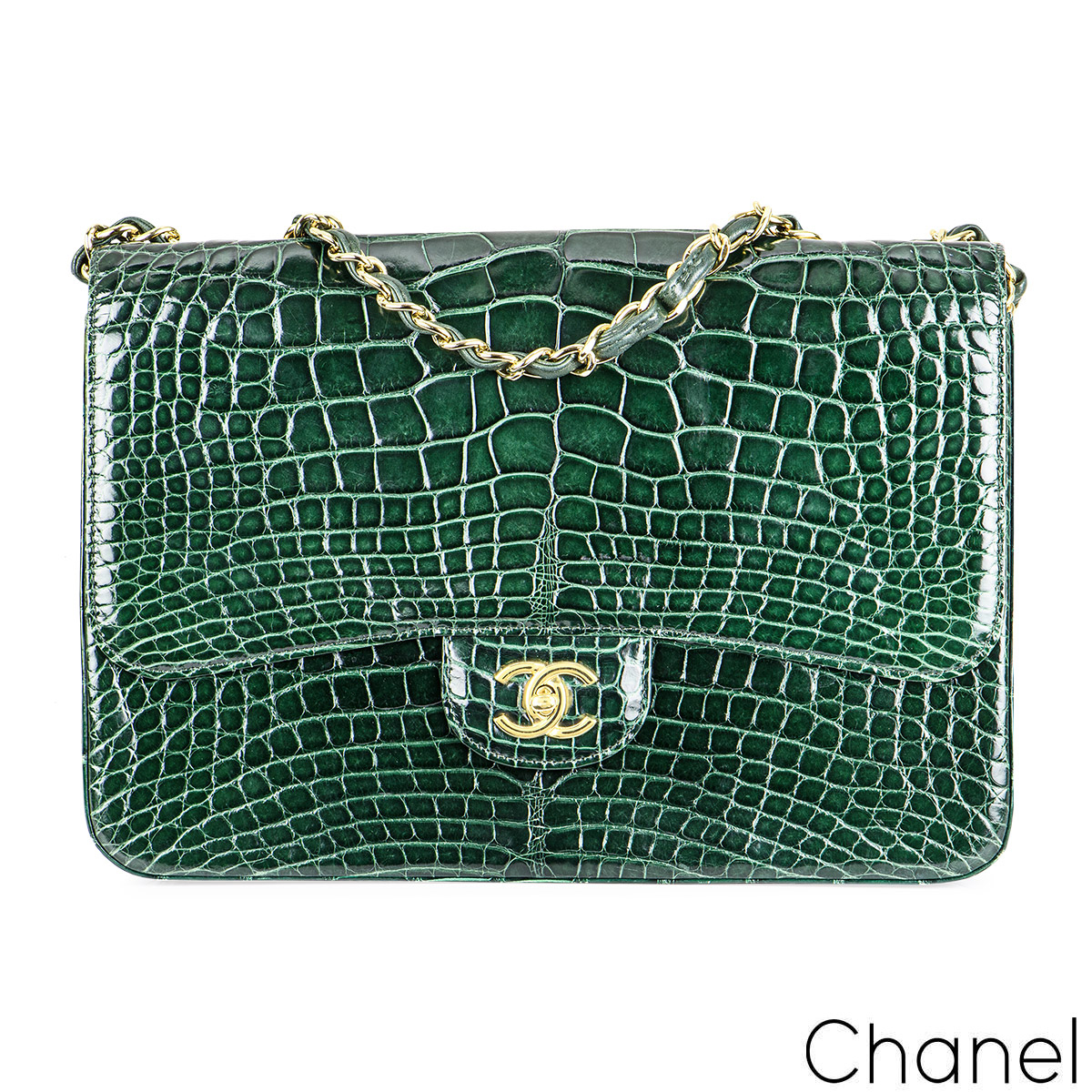Chanel Green Alligator Jumbo Classic Flap Bag  Rich Diamonds